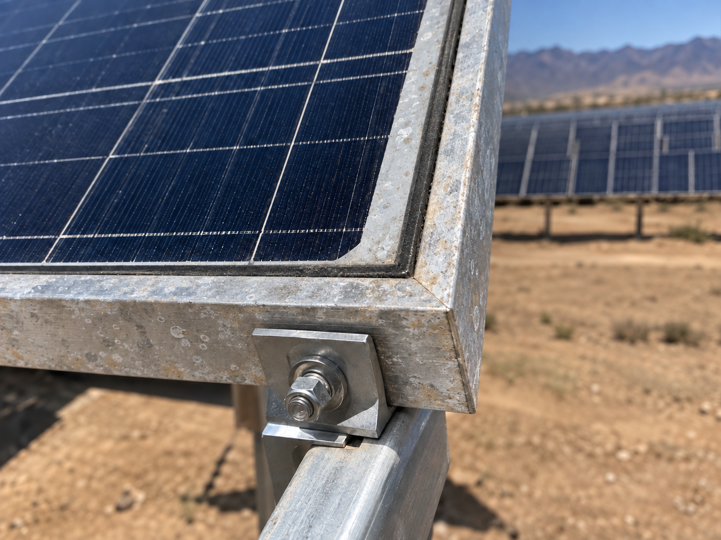 Marco de panel solar afectado por corrosion ambiental Detalle de marco de aluminio y vidrio de panel solar con óxido superficial y acumulación de sarro y salinidad por intemperie.