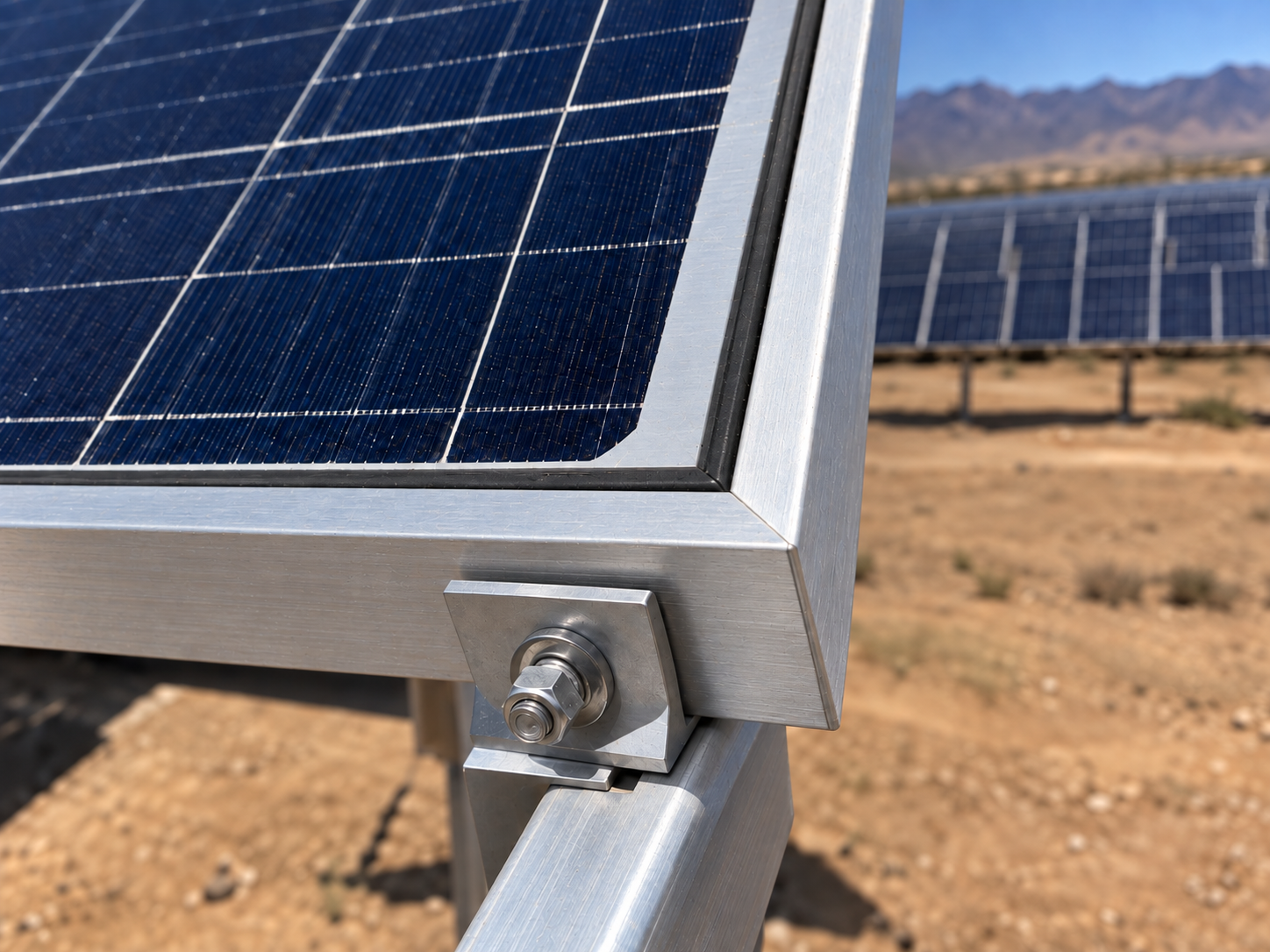 Marco de panel solar protegido con Ceramic Care Esquina de panel solar protegida con Ceramic Care de Nano Care, mostrando un perfil de aluminio impecable libre de óxido y adherencias minerales.